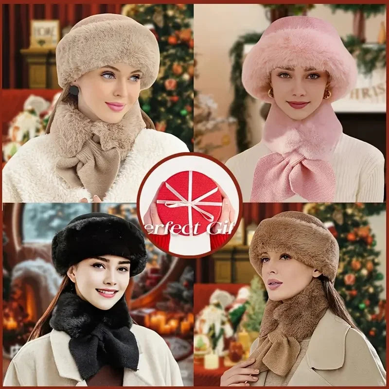 3Pcs Women Winter Warm Furry Hat Gloves Scarf Hat Set