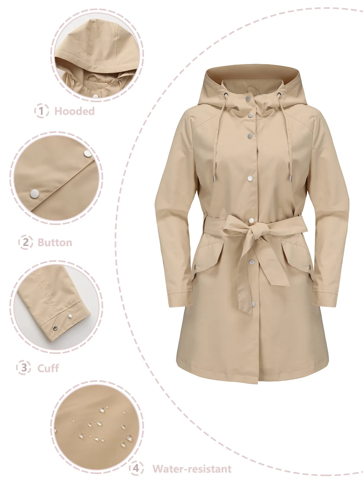 Hooded Water-repellent Jacket with Belt Thin Casual Loose Trench Coat