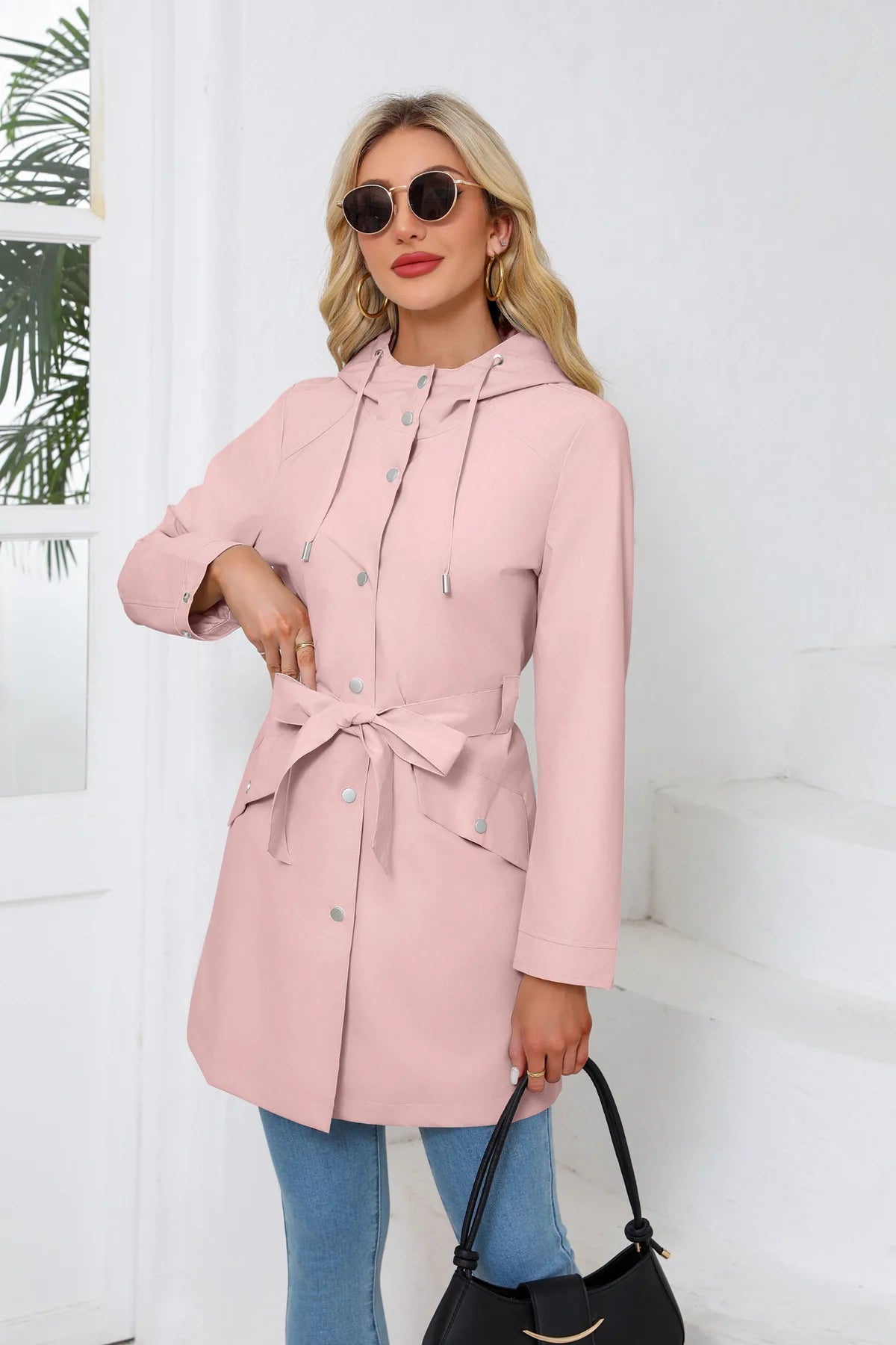 Hooded Water-repellent Jacket with Belt Thin Casual Loose Trench Coat