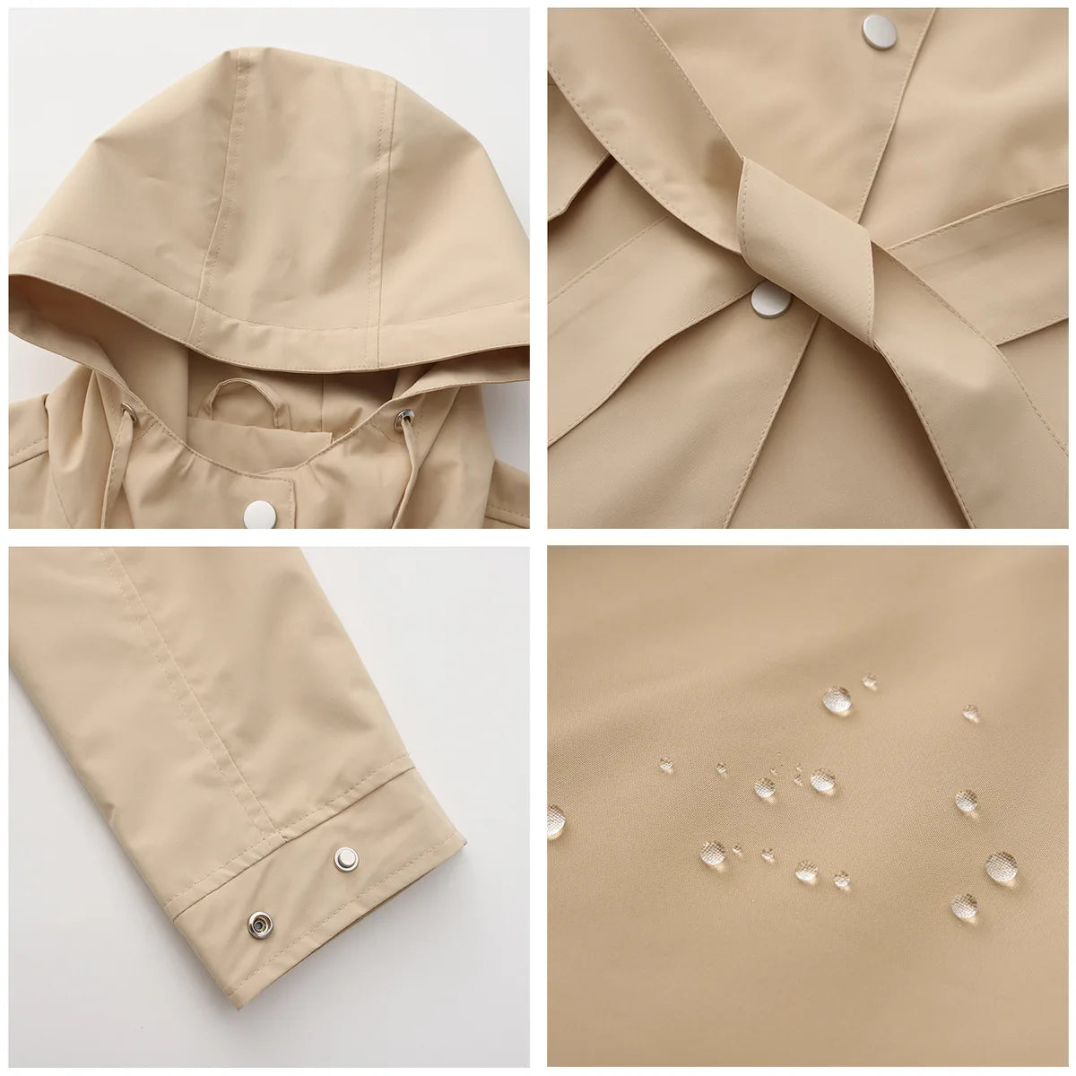 Hooded Water-repellent Jacket with Belt Thin Casual Loose Trench Coat