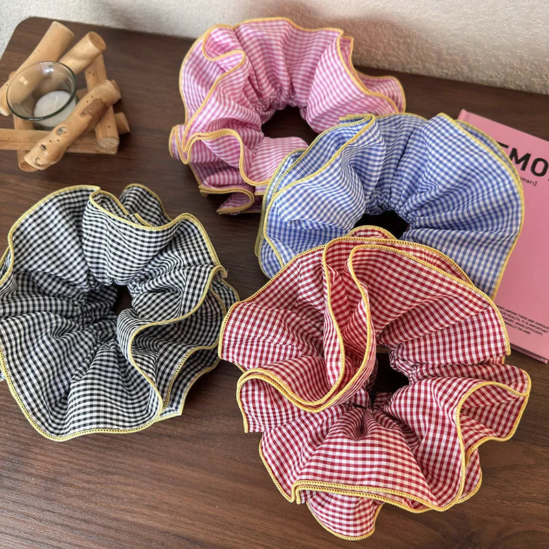 Retro Colorful Lattice Ruffles Hair Scrunchies Headbands
