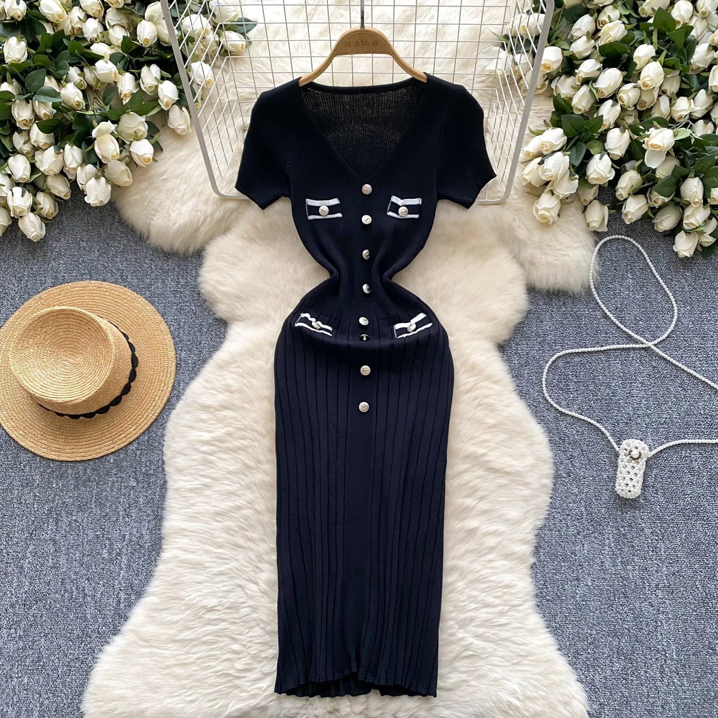 Knitted Dress Women V-neck Short Sleeve Bodycon