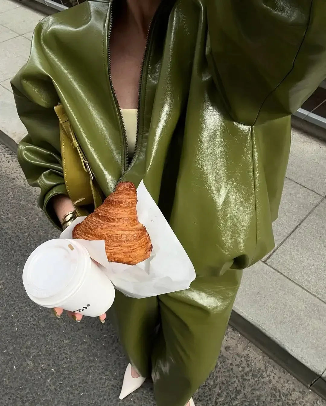 Olive Green Solid Leather Jacket