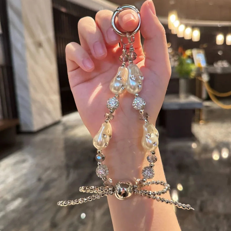 Luxury Pearl Crystal Bead Key Chains Charm Rhinestone Lanyard