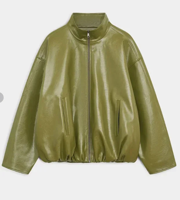 Olive Green Solid Leather Jacket