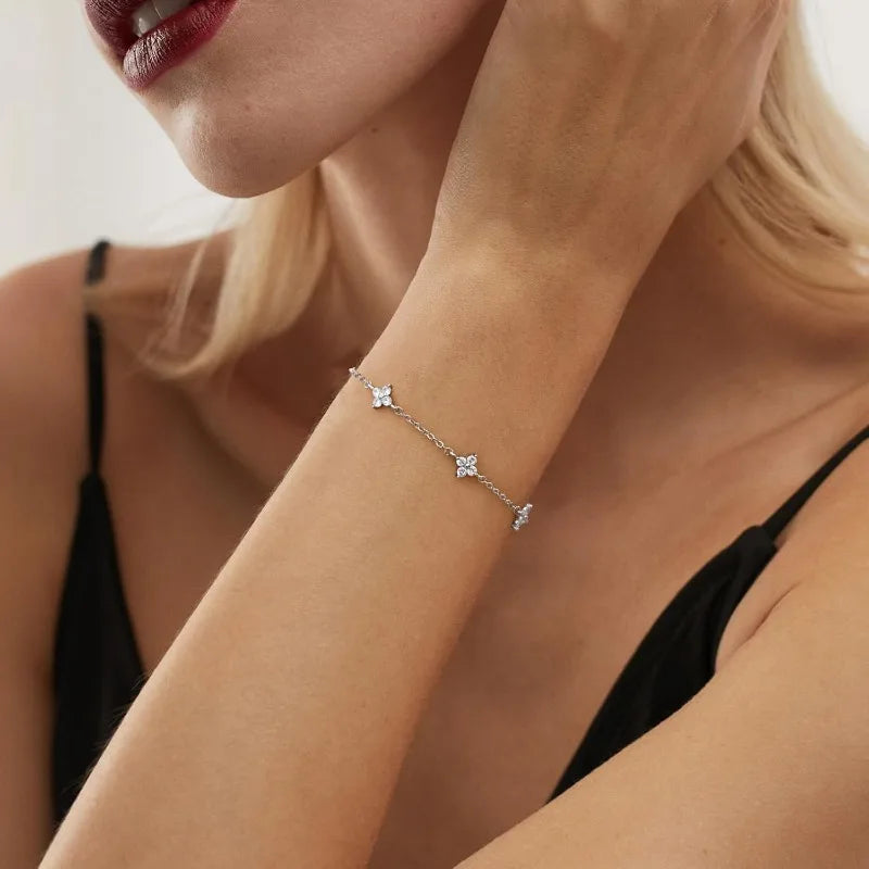 925 Silver Plated Cz Four-leaf Flower Bracelet