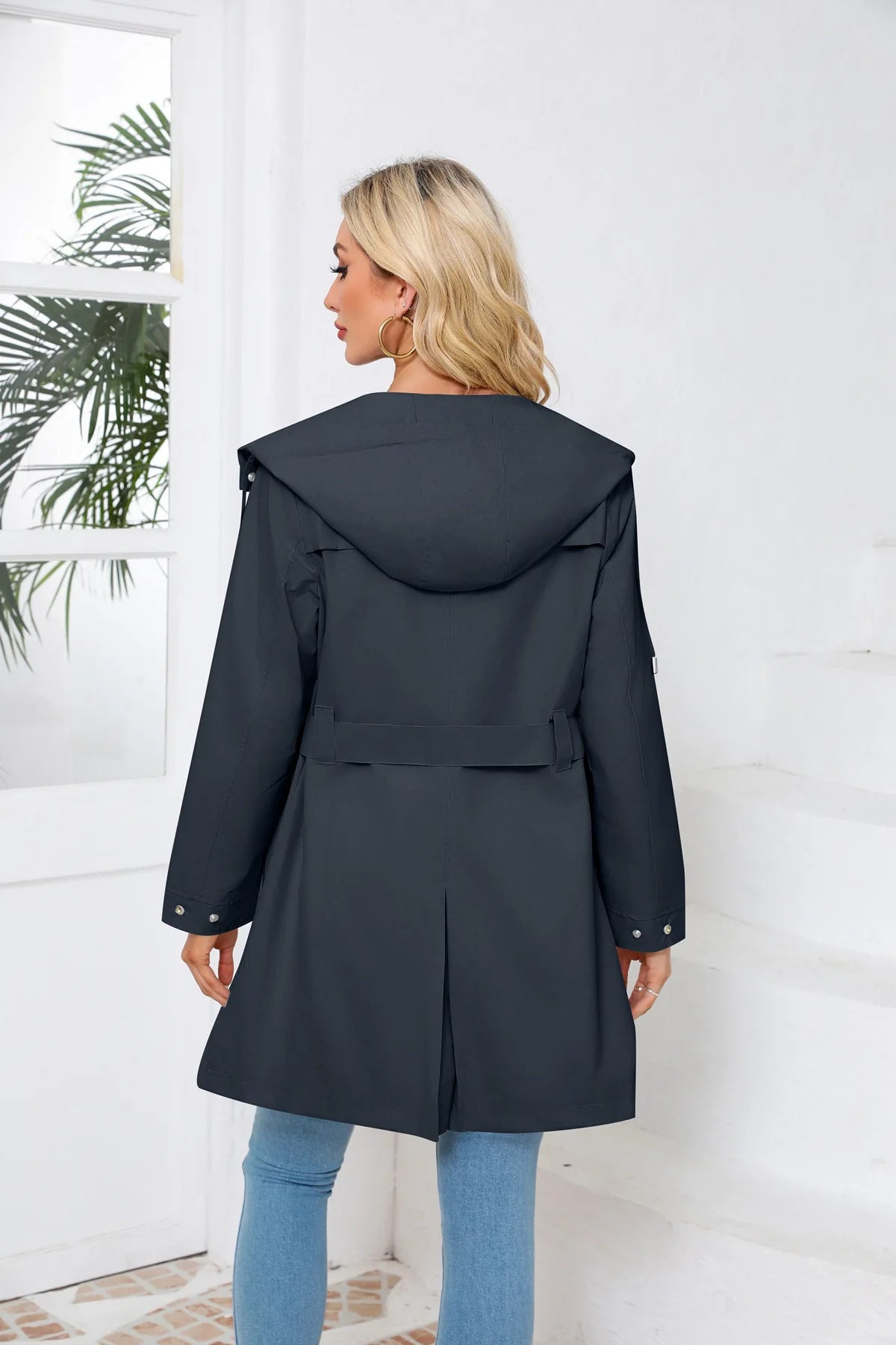 Hooded Water-repellent Jacket with Belt Thin Casual Loose Trench Coat