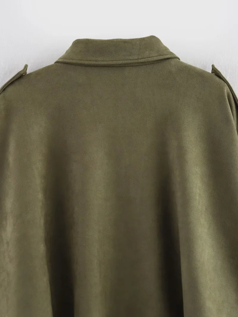 women's suede texture effect Loose version of fashion lapel shoulder bomber jacket