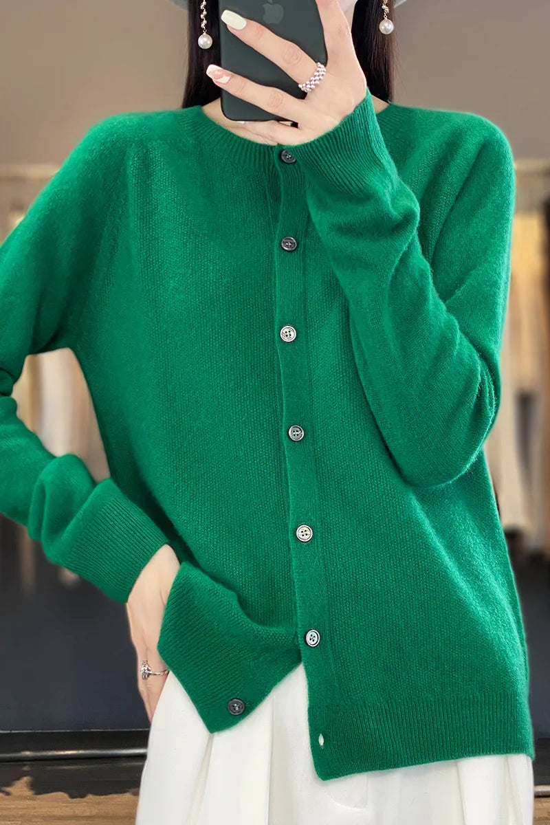 Cardigan Sweater O-Neck Button 100% Merino Wool