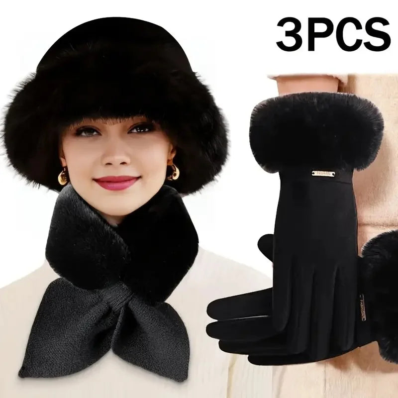 3Pcs Women Winter Warm Furry Hat Gloves Scarf Hat Set