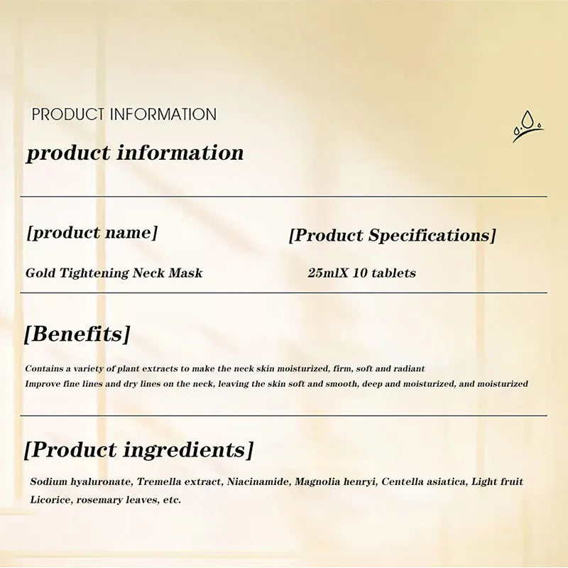 10pcs Gold Firming Neck Mask Moisturizing Nourishing Brightening Hydrating Neck skincare