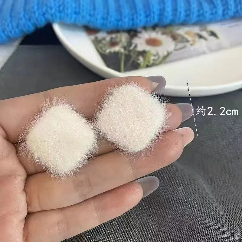 KADRUFI Women Korean Fashion Winter White Plush Stud Earrings