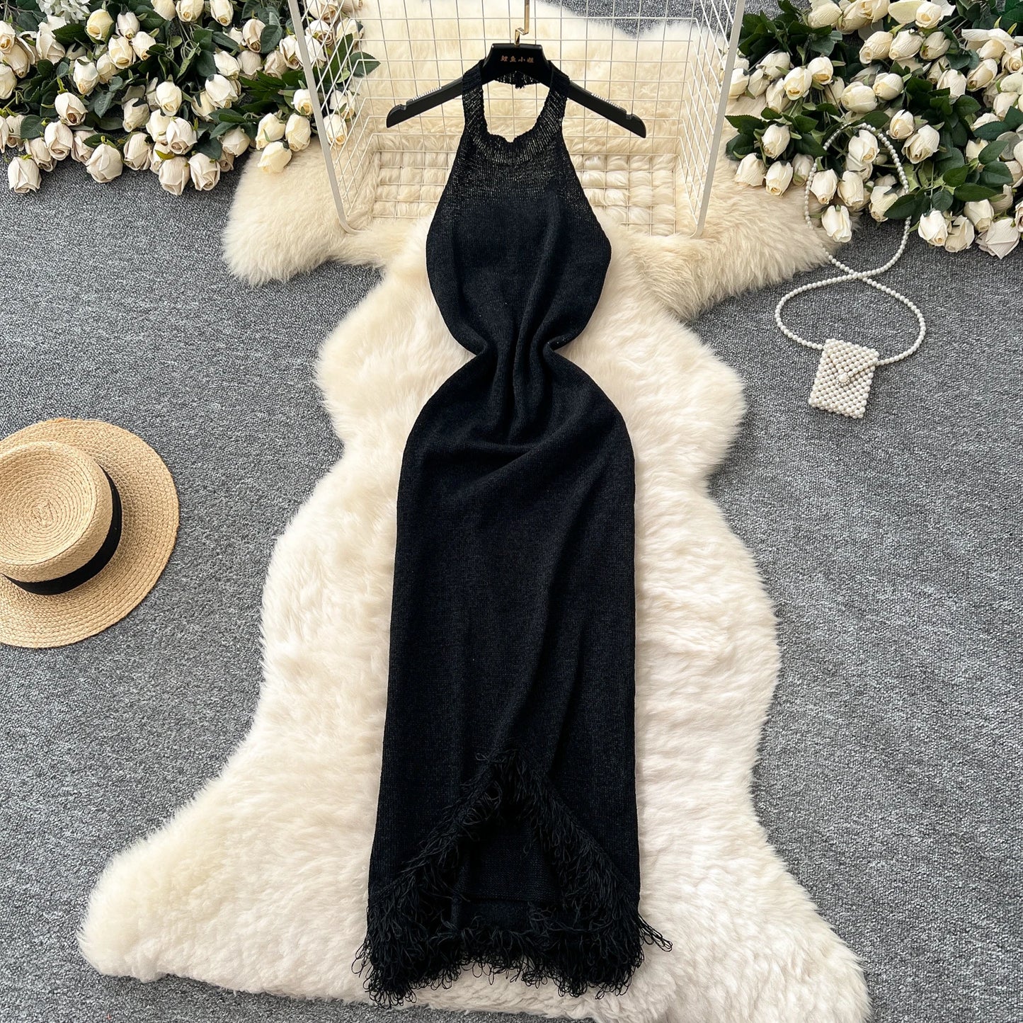 Sexy Halter Tassels Split Sleeveless Bodycon