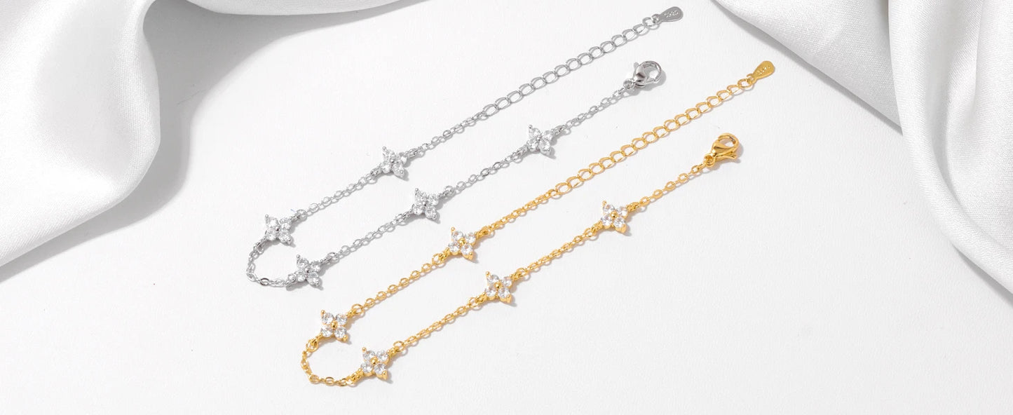 925 Silver Plated Cz Four-leaf Flower Bracelet