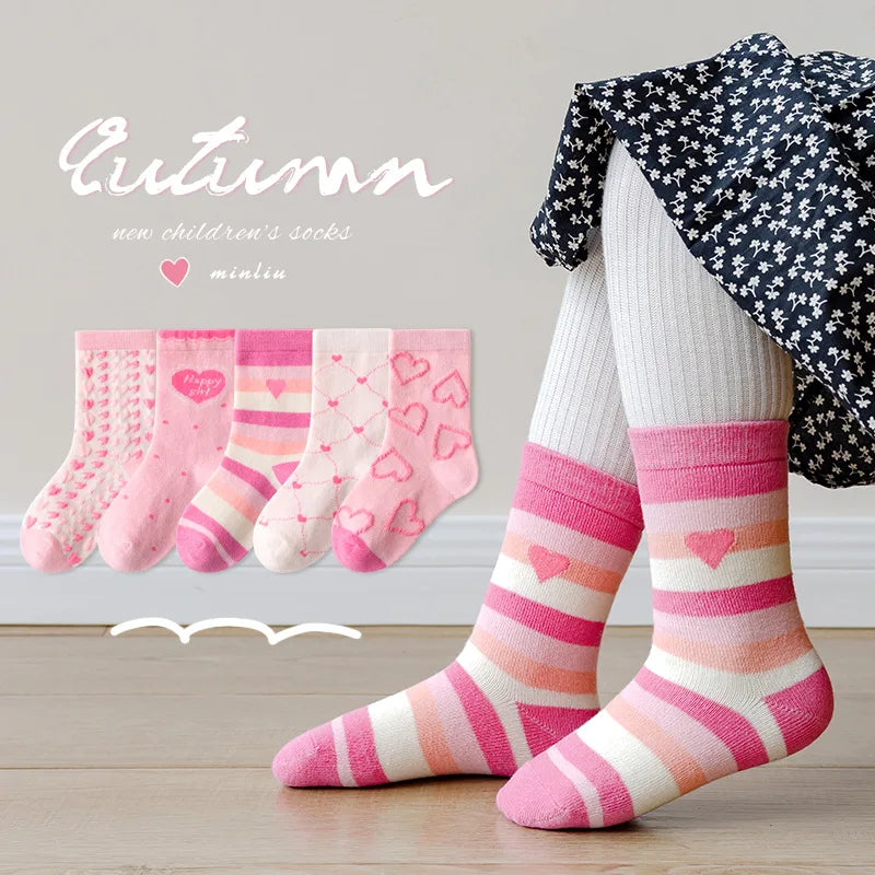 Baby Girls Cotton Socks 5 Pairs Pink Sweet Love Pattern