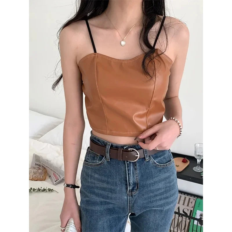 Women PU leather camis underwear padded bra