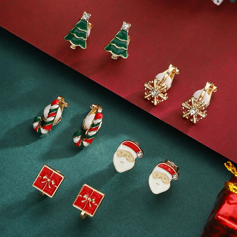 5 Pairs/Set Clip Earring for Women Small Cute Xmas Tree Snowflake Crutch Santa Claus