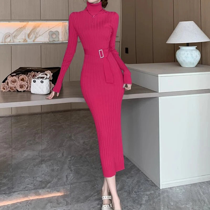 Maxi Dress 2024 Autumn Winter Turtleneck Sweater Dress