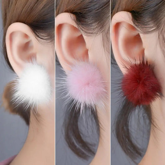 Women's Earrings Fashion Furry Fluffy Ball Stud Earrings Girls