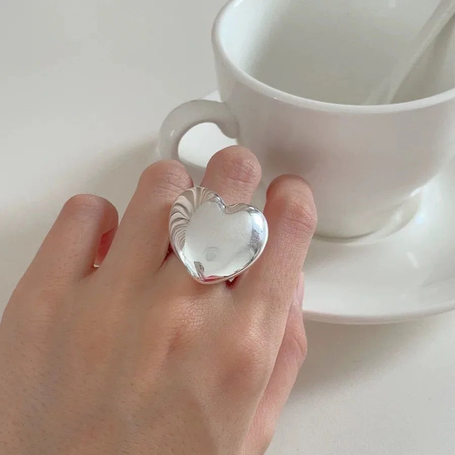 925 Sterling Silver Rings Adjustable Simple Smooth Heart Ring