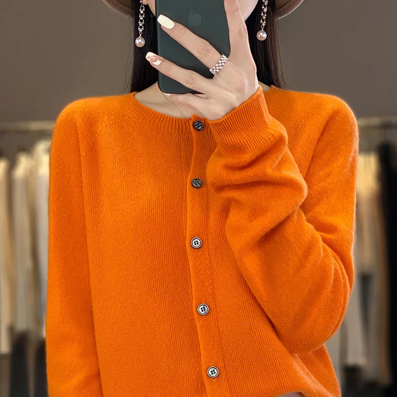 Cardigan Sweater O-Neck Button 100% Merino Wool