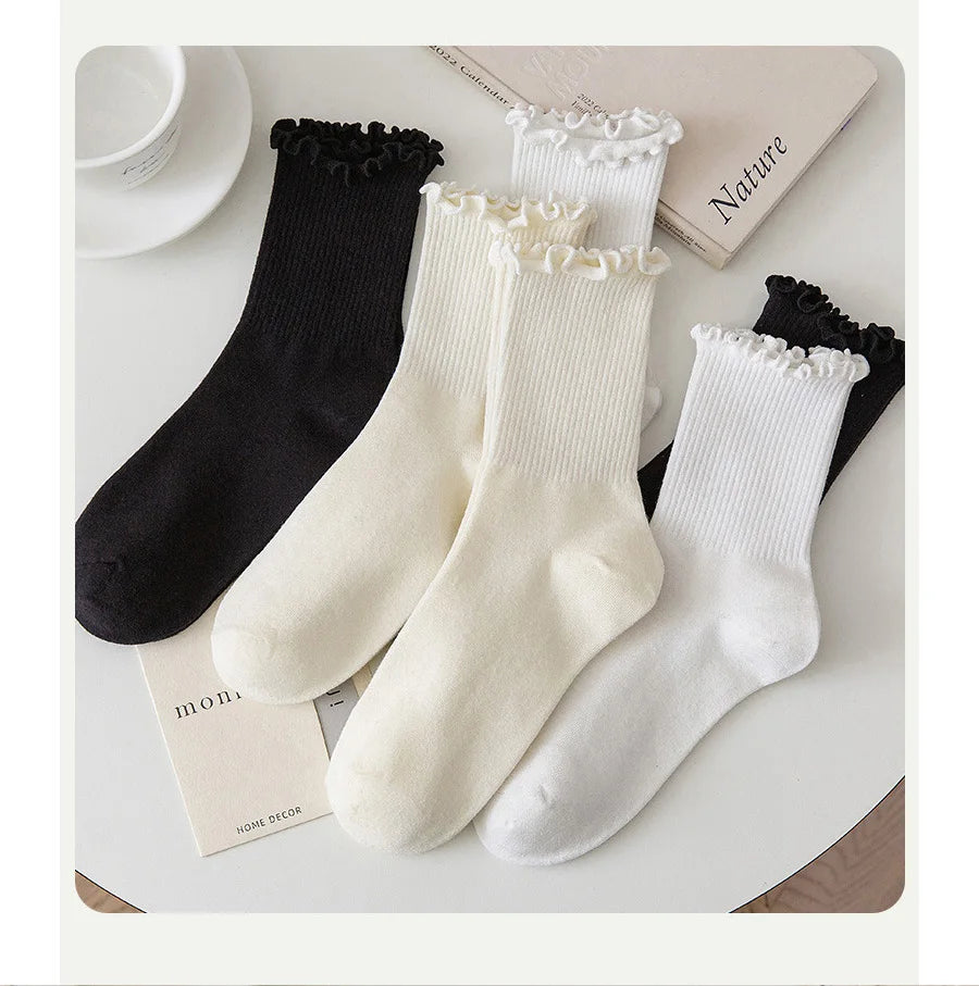 5 pair /Lot Socks for Women Ruffle Cotton Middle Tube Ankle