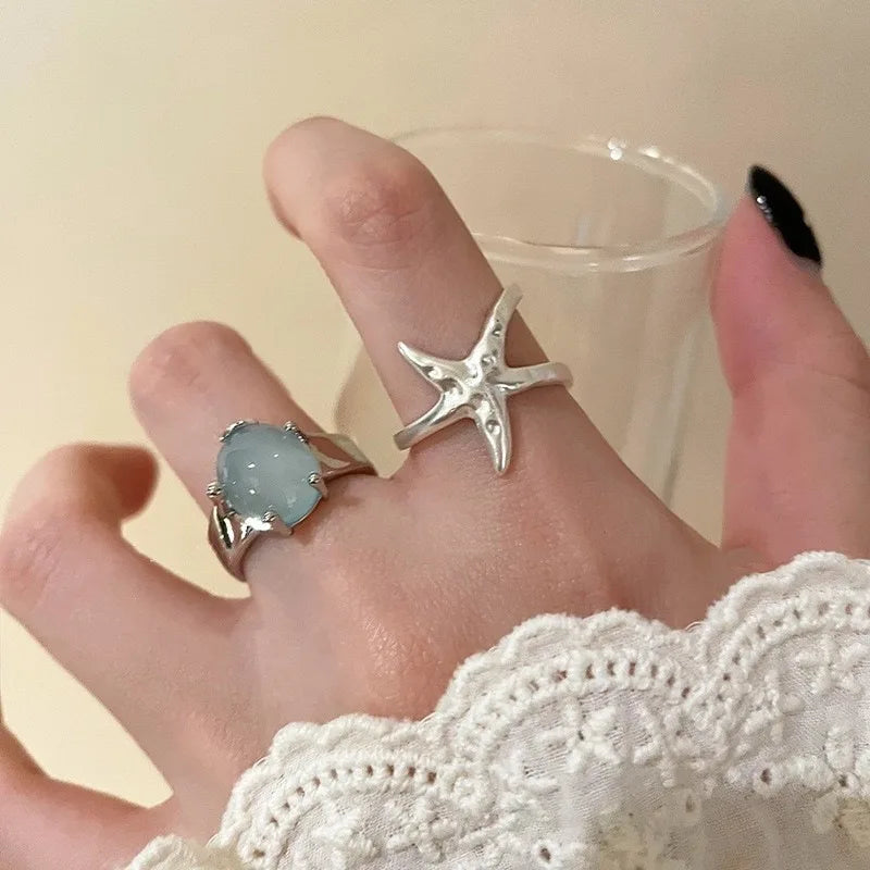 925 Sterling Silver Rings Handmade Simple Blue Stone Star
