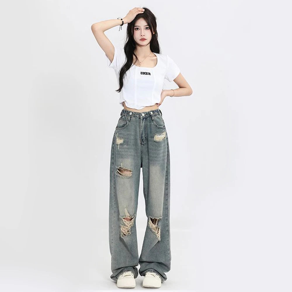 American Retro Hole-punched Jeans
