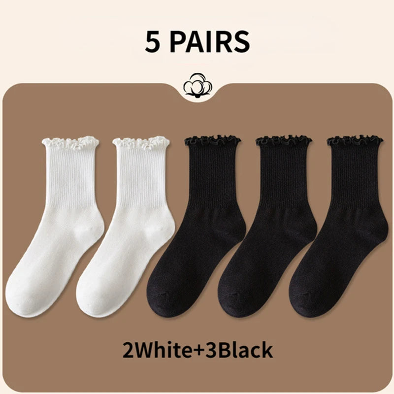 5 pair /Lot Socks for Women Ruffle Cotton Middle Tube Ankle
