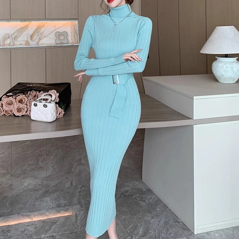 Maxi Dress 2024 Autumn Winter Turtleneck Sweater Dress