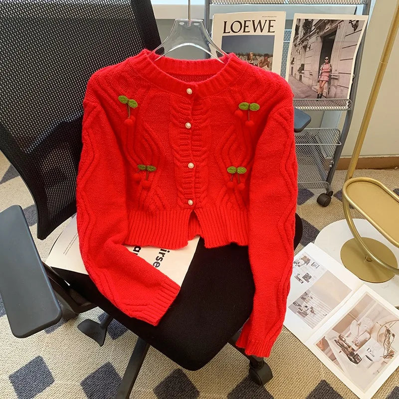 Women Cardigans 2024 New Korean Fashion Cherry Design