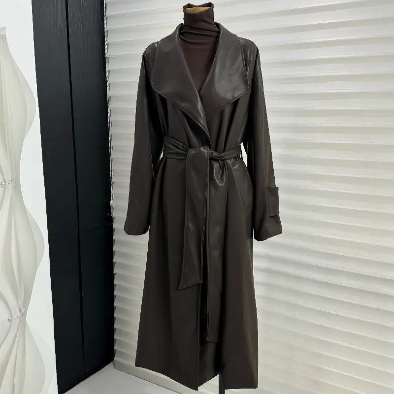 French temperament large lapel collar medium and long leather jacket