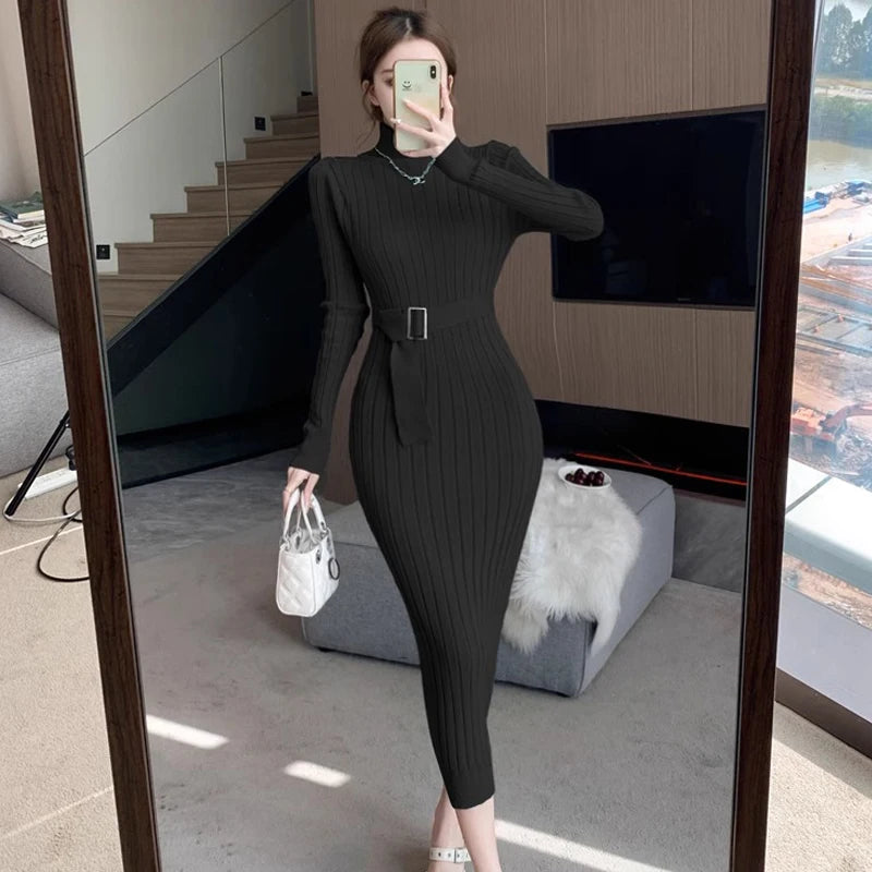 Maxi Dress 2024 Autumn Winter Turtleneck Sweater Dress