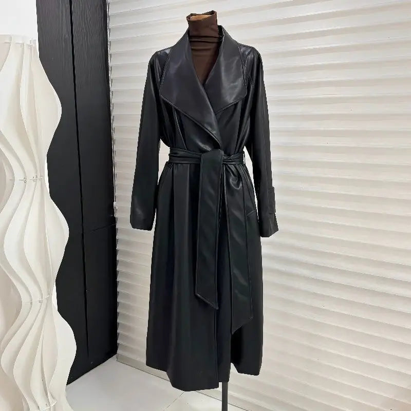 French temperament large lapel collar medium and long leather jacket