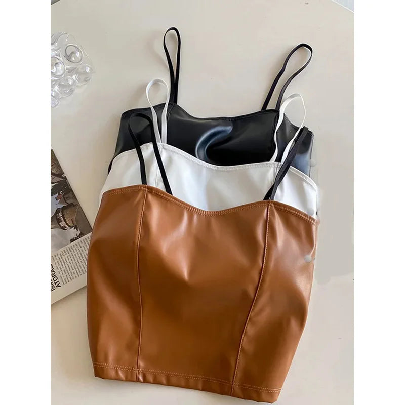 Women PU leather camis underwear padded bra