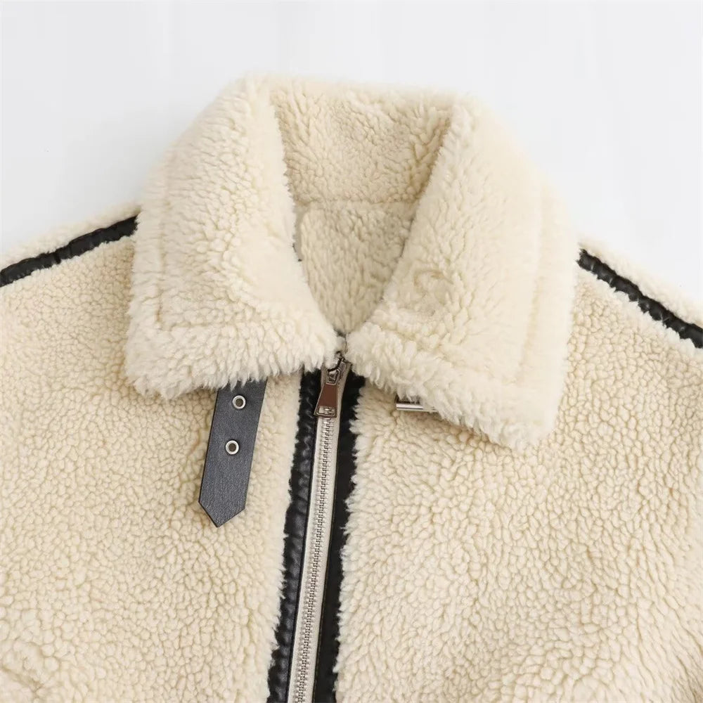 Artificial Fur Effect Motorcycle Jacket Coat with Fur Integration