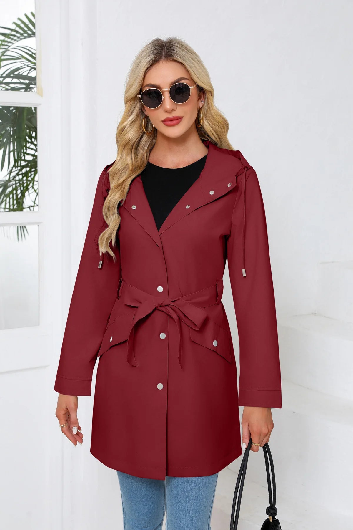 Hooded Water-repellent Jacket with Belt Thin Casual Loose Trench Coat