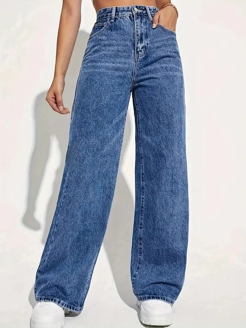 Wide-legged High-waisted Straight Tube, Thin and Drape Jeans