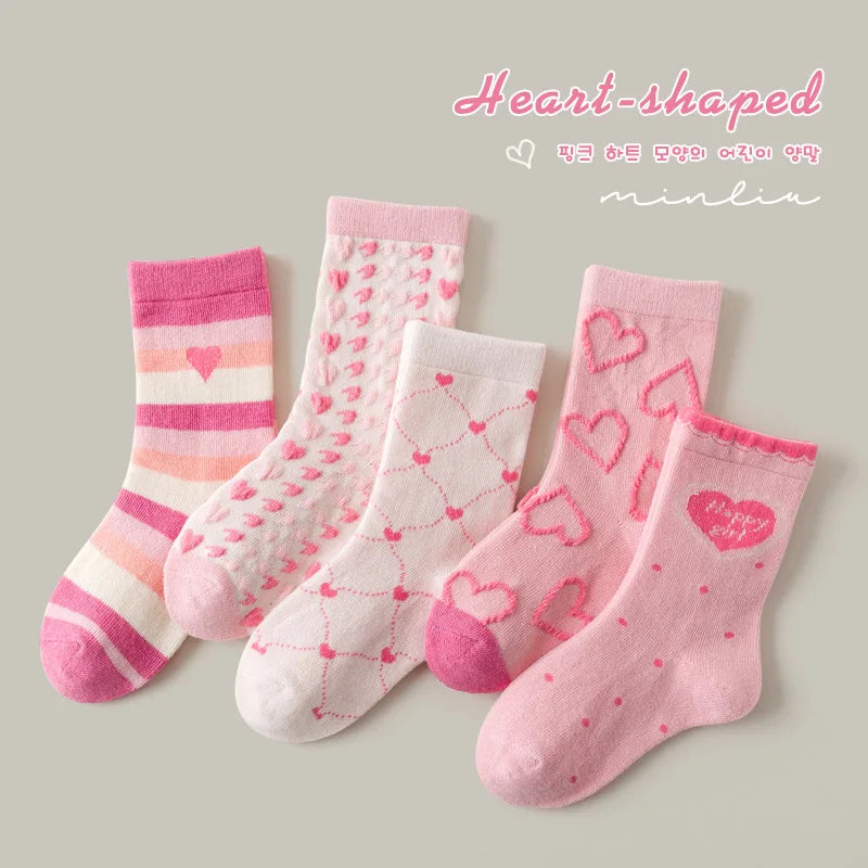 Baby Girls Cotton Socks 5 Pairs Pink Sweet Love Pattern
