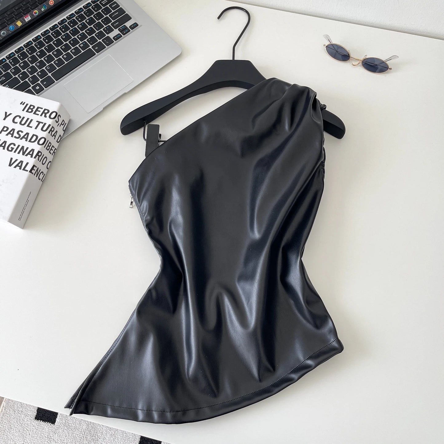 SINGREINY One Shoulder PU Leather Tank