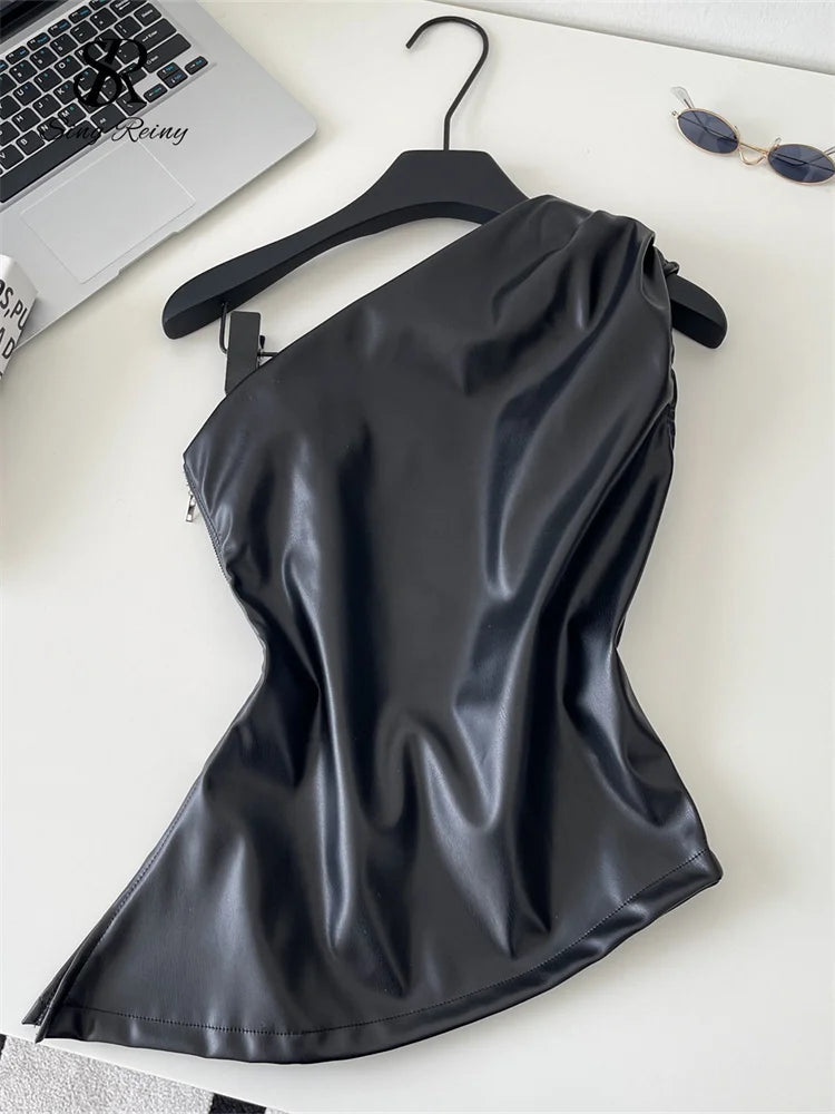 SINGREINY One Shoulder PU Leather Tank