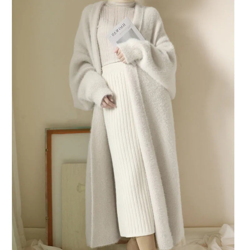 white Long Cardigan Knitted fluffy long sleeve