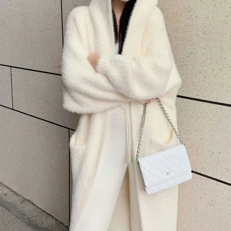 white Long Cardigan Knitted fluffy long sleeve