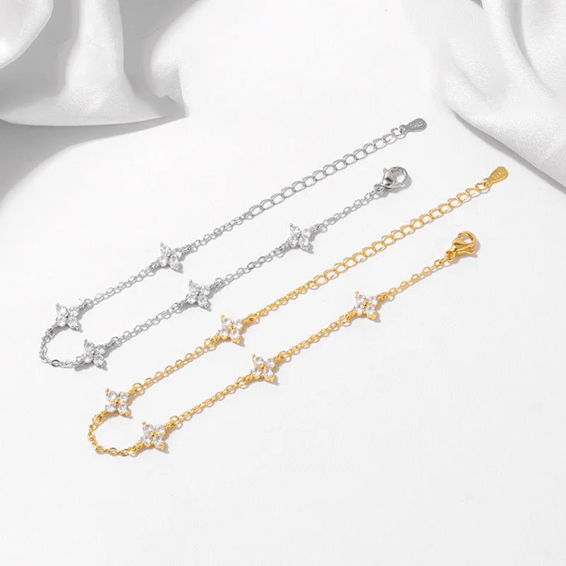 925 Silver Plated Cz Four-leaf Flower Bracelet