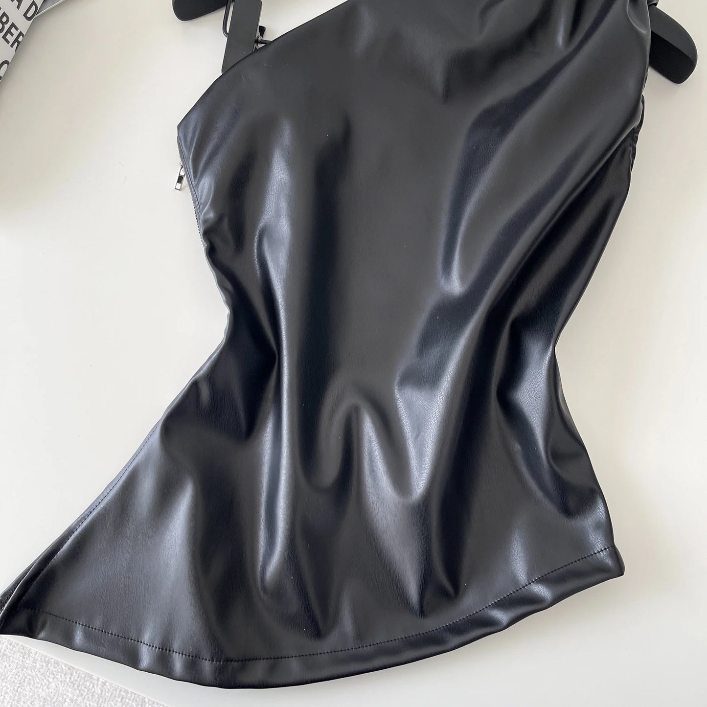 SINGREINY One Shoulder PU Leather Tank