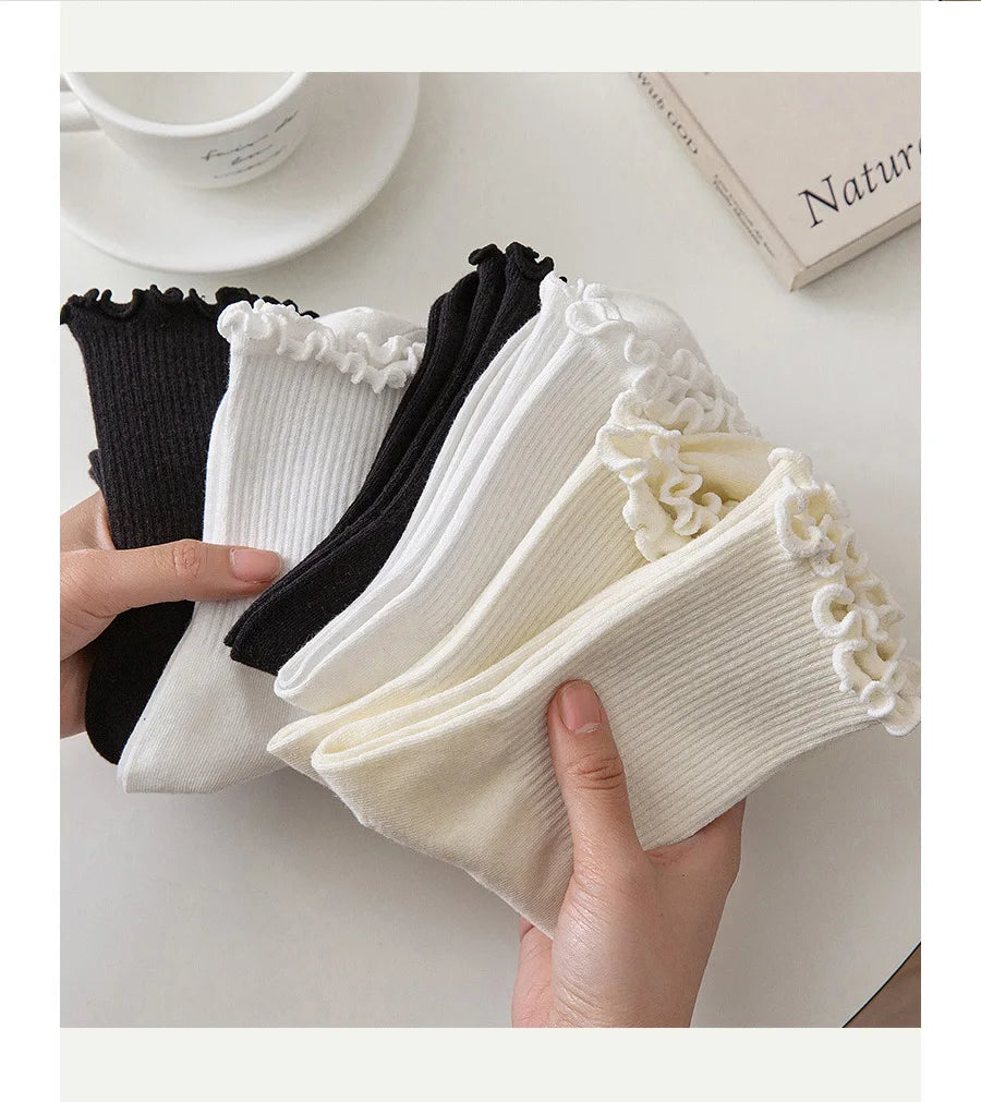 5 pair /Lot Socks for Women Ruffle Cotton Middle Tube Ankle