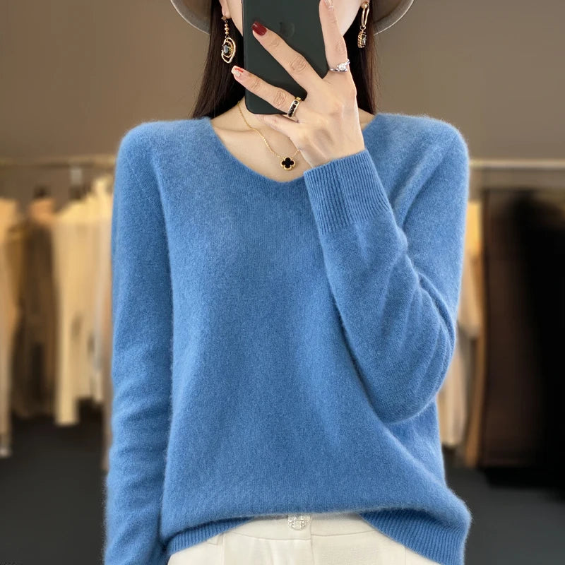 Merino Pure Wool V-neck Autumn And Winter Pullover Sweater