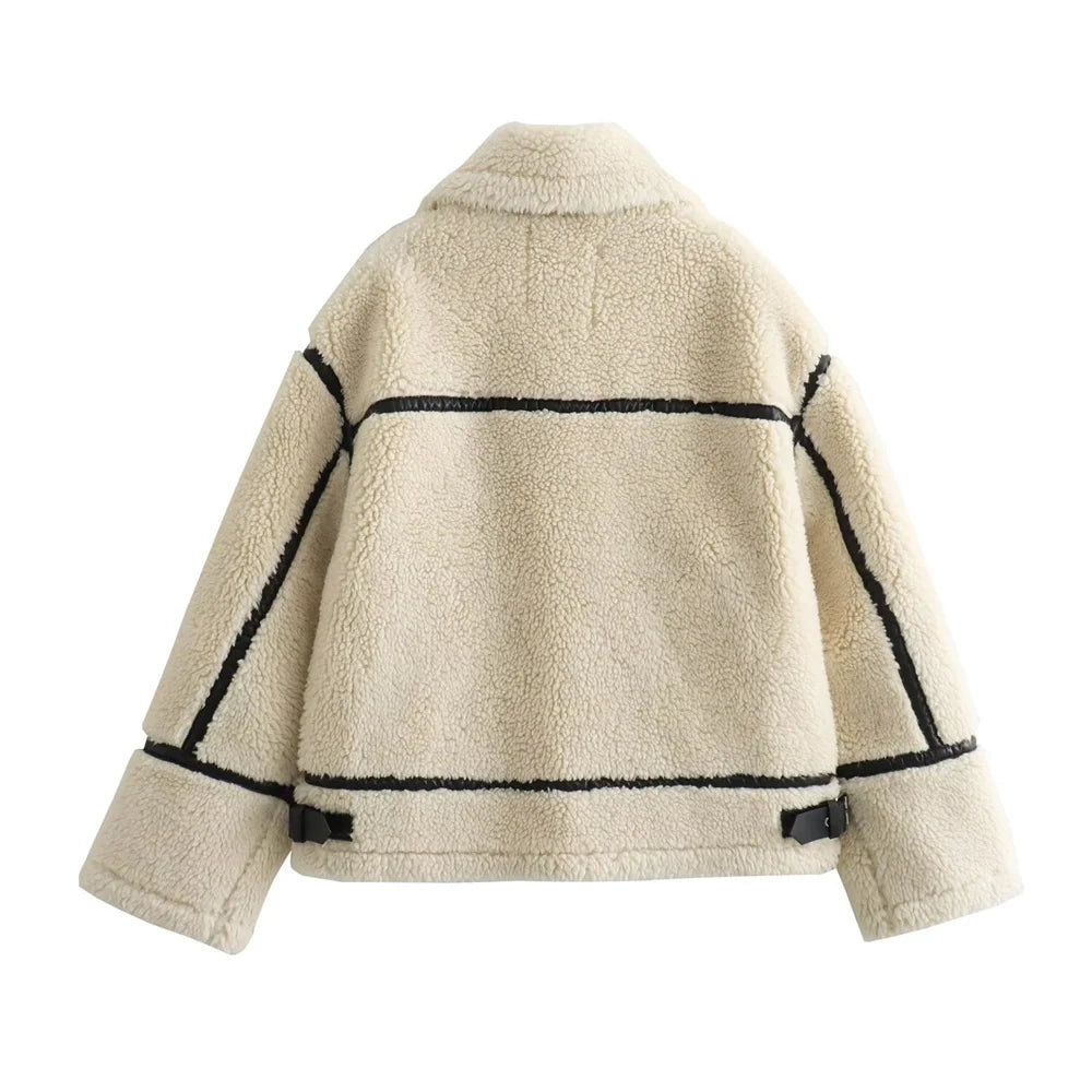 Artificial Fur Effect Motorcycle Jacket Coat with Fur Integration