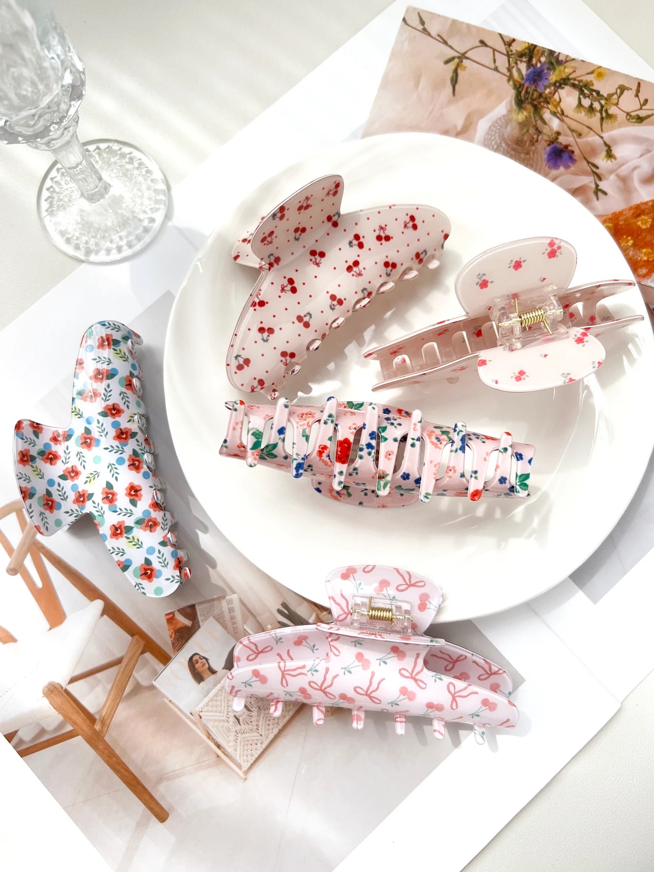 Pink Sweet Elegant Floral Cherry Hair Claw Clip Set
