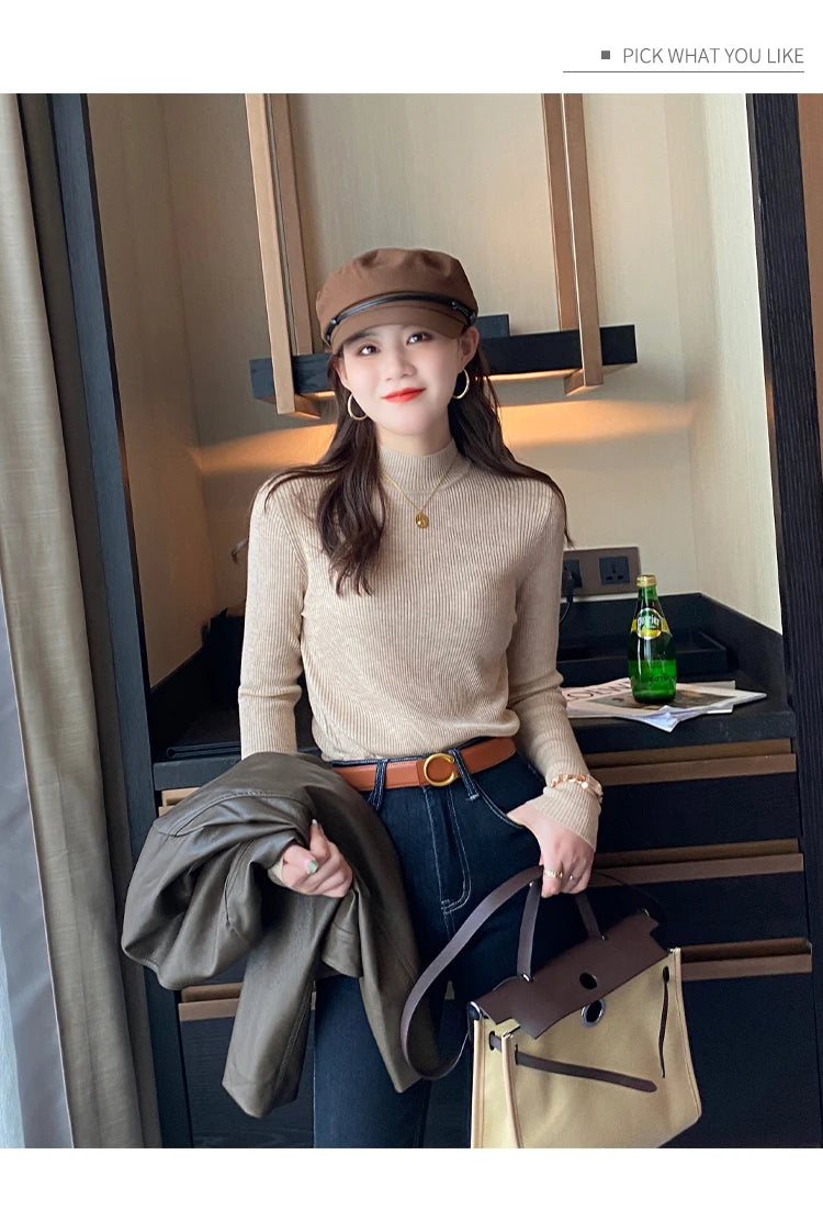 Autumn Winter Mock Neck Women Sweater Vintage